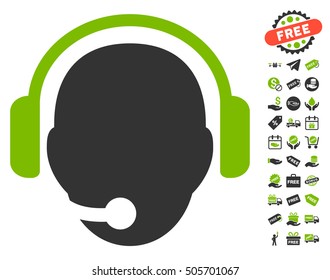 Operator Head icon with free bonus graphic icons. Vector illustration style is flat iconic symbols, eco green and gray colors, white background.