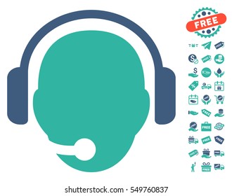 Operator Head icon with free bonus pictures. Vector illustration style is flat iconic symbols, cobalt and cyan colors, white background.
