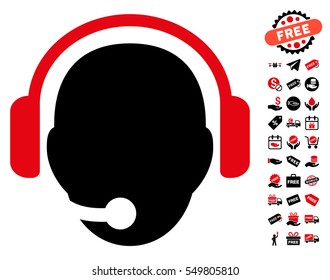 Operator Head icon with free bonus images. Vector illustration style is flat iconic symbols, intensive red and black colors, white background.