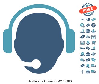 Operator Head icon with free bonus icon set. Vector illustration style is flat iconic symbols, cyan and blue colors, white background.