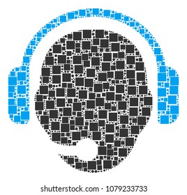 Operator Head mosaic icon of square shapes and circles in different sizes. Vector objects are scattered into operator head composition design concept.