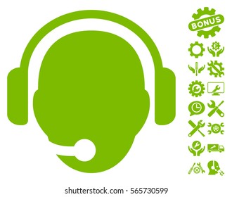 Operator Head pictograph with bonus configuration design elements. Vector illustration style is flat iconic eco green symbols on white background.