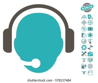 Operator Head pictograph with bonus quadrocopter service pictograph collection. Vector illustration style is flat iconic grey and cyan symbols on white background.