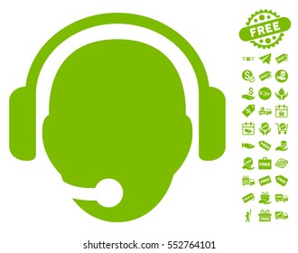 Operator Head pictograph with free bonus icon set. Vector illustration style is flat iconic symbols, eco green color, white background.