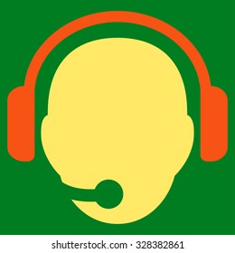Operator Head vector icon. Style is bicolor flat symbol, orange and yellow colors, rounded angles, green background.