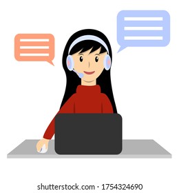 Operator with headphone working in call center service department vector
