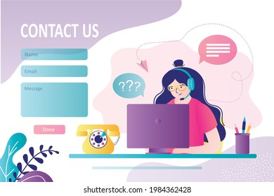 Operator in headphones communicates with clients on various issues. Contact us form template. Girl from support service helps customers. Hotline and call center. Landing page. Flat vector illustration