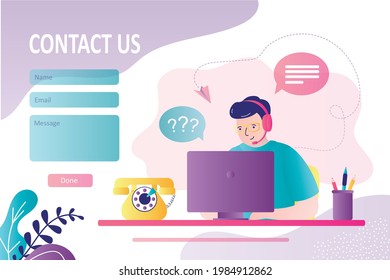 Operator in headphones communicates with clients on various issues. Contact us form template. Man from support service helps customers. Hotline and call center. Landing page. Flat vector illustration