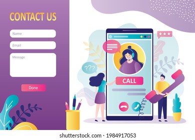 El operador de audífonos se comunica con los clientes sobre diversos temas. Contáctenos con la plantilla de formulario. Girl from support service ayuda a los clientes. Línea de teléfono móvil, centro de llamadas. Página de inicio. Ilustración del vector