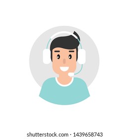 Operator with headphones and microphone in grey circle. flat vector illustration isolated on white. man with headset. consulting, job online, internet. Call center. help line.