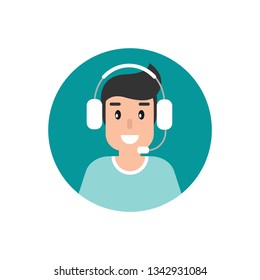Operator with headphones and microphone on blue circle. flat vector illustration isolated on white. man with headset. consulting, job online, internet. Call center. help line.