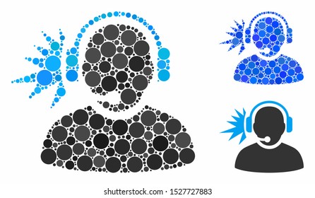 Operator headphones signal composition of round dots in variable sizes and color tinges, based on operator headphones signal icon. Vector round dots are composed into blue mosaic.