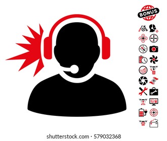 Operator Headphones Signal icon with bonus nanocopter service icon set. Vector illustration style is flat iconic intensive red and black symbols on white background.