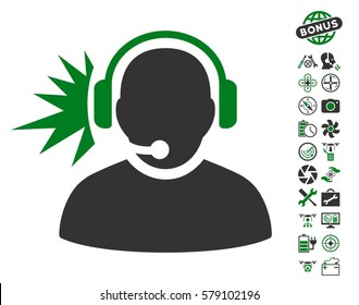 Operator Headphones Signal icon with bonus flying drone tools pictograms. Vector illustration style is flat iconic green and gray symbols on white background.