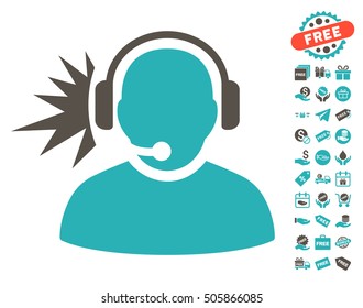 Operator Headphones Signal icon with free bonus graphic icons. Vector illustration style is flat iconic symbols, grey and cyan colors, white background.