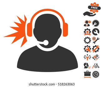 Operator Headphones Signal pictograph with bonus service pictograms. Vector illustration style is flat iconic orange and gray symbols on white background.