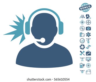 Operator Headphones Signal pictograph with bonus quad copter tools graphic icons. Vector illustration style is flat iconic cyan and blue symbols on white background.