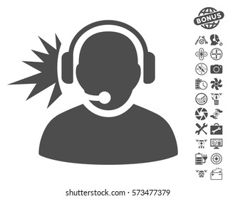 Operator Headphones Signal pictograph with bonus flying drone service symbols. Vector illustration style is flat iconic gray symbols on white background.