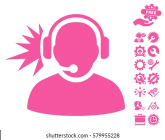 Operator Headphones Signal pictograph with bonus tools pictograms. Vector illustration style is flat iconic pink symbols on white background.