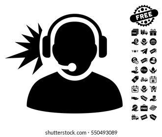 Operator Headphones Signal pictograph with free bonus symbols. Vector illustration style is flat iconic symbols, black color, white background.