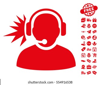 Operator Headphones Signal pictograph with free bonus design elements. Vector illustration style is flat iconic symbols, red color, white background.