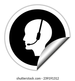 Operator in headset - black vector icon. Round sticker.