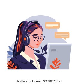 Operator in headset talking to customers, business clients, helping and consulting online flat illustration