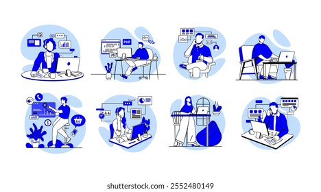 Operador en auriculares hablando con Clientes, Personas usando gadgets, hombres, mujeres trabajan en línea, computadora, computadora portátil, teléfono móvil, tableta PC. Ilustraciones vectoriales gráficas planas aisladas sobre fondo blanco