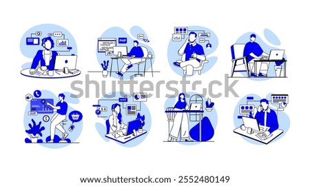 Operator in headset talking to customers, People using gadgets set, men, women work online, computer, laptop, mobile phone, tablet PC. Flat graphic vector illustrations isolated on white background
