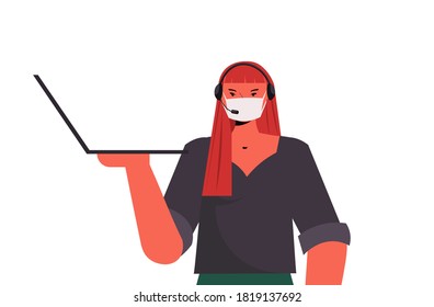 operator in headset wearing mask to prevent coronavirus pandemic self isolation labor day celebration concept portrait horizontal vector illustration