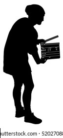 Operator holding clapperboard during the production of film vector silhouette illustration. Film-making or film production concept. Film worker on set. Movie scene start. Behind the scene. Clapper.