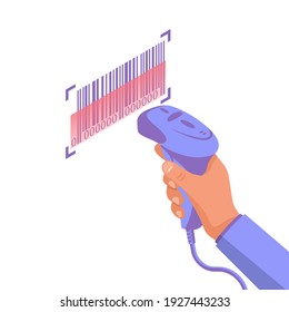 The operator holds a barcode scanner hand. Scanning Barcode. Equipment for accounting of goods. Vector illustration isometric design. Product identification.