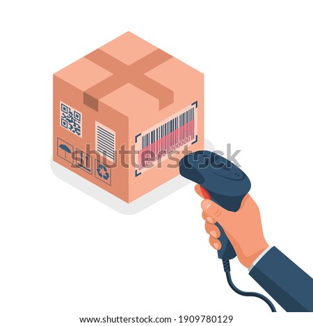 The operator holds a barcode scanner hand. Scanning Barcode on a cardboard box. Equipment for accounting of goods. Vector illustration isometric design. Product identification.