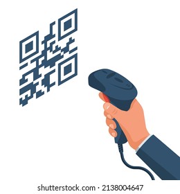 The operator holds a qr-code scanner hand. Scanning qr-code on a cardboard box. Equipment for accounting of goods. Vector illustration isometric design. Product identification.