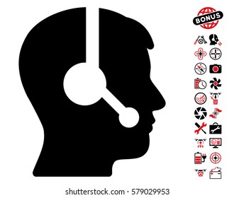 Operator icon with bonus aircopter tools pictograms. Vector illustration style is flat iconic intensive red and black symbols on white background.