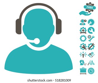 Operator icon with bonus configuration graphic icons. Vector illustration style is flat iconic grey and cyan symbols on white background.