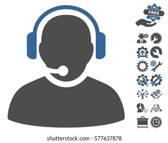 Operator icon with bonus configuration pictograms. Vector illustration style is flat iconic cobalt and gray symbols on white background.