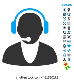 Operator icon with bonus pictograms. Vector style is bicolor flat iconic symbol with rounded angles, blue and gray colors, white background.