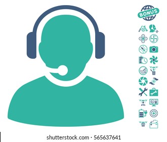Operator icon with bonus quad copter tools icon set. Vector illustration style is flat iconic cobalt and cyan symbols on white background.