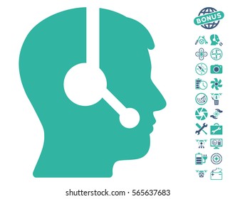 Operator icon with bonus quad copter service pictures. Vector illustration style is flat iconic cobalt and cyan symbols on white background.