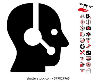 Operator icon with bonus quad copter service pictograms. Vector illustration style is flat iconic intensive red and black symbols on white background.