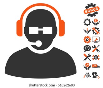 Operator icon with bonus settings graphic icons. Vector illustration style is flat iconic orange and gray symbols on white background.