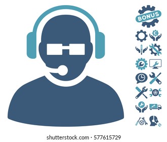 Operator icon with bonus settings graphic icons. Vector illustration style is flat iconic cyan and blue symbols on white background.