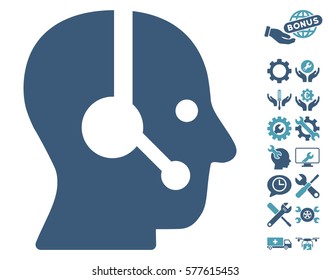 Operator icon with bonus tools pictograph collection. Vector illustration style is flat iconic cyan and blue symbols on white background.