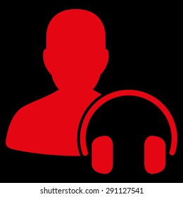 Operator icon from Commerce Set. Vector style: flat symbol, red color, rounded angles, black background.