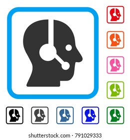 Operator icon. Flat grey pictogram symbol in a light blue rounded rectangular frame. Black, gray, green, blue, red, orange color variants of Operator vector. Designed for web and app UI.