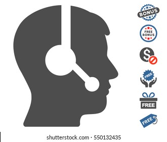Operator icon with free bonus graphic icons. Vector illustration style is flat iconic symbols, cobalt and gray colors, white background.