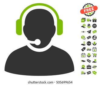 Operator icon with free bonus images. Vector illustration style is flat iconic symbols, eco green and gray colors, white background.