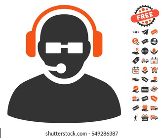 Operator icon with free bonus icon set. Vector illustration style is flat iconic symbols, orange and gray colors, white background.
