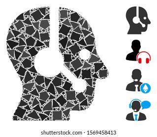 Operator icon mosaic of unequal pieces in variable sizes and color hues, based on operator icon. Vector humpy pieces are grouped into mosaic. Operator icons collage with dotted pattern.